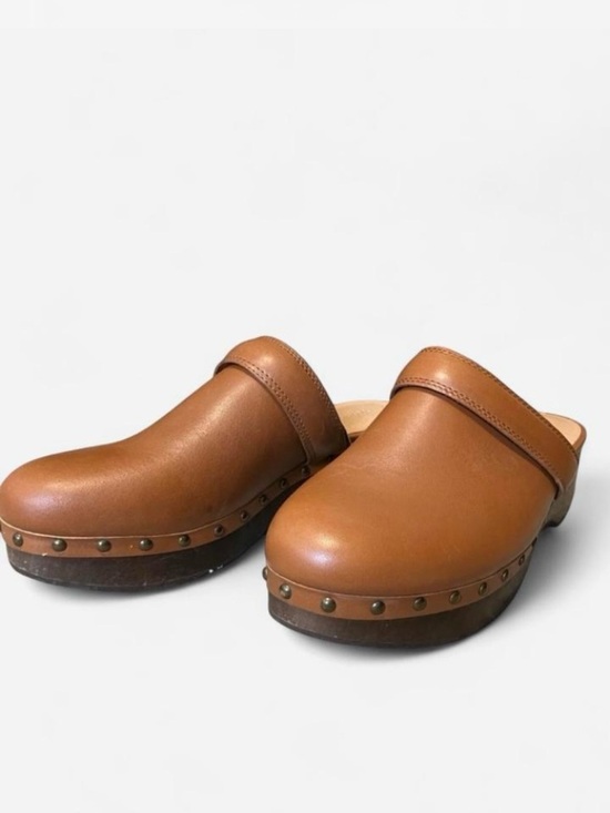 Madewell Shoes - Madewell Cognac Leather Studded Clog Mule Faux Wood Bottom Women’s Size 8